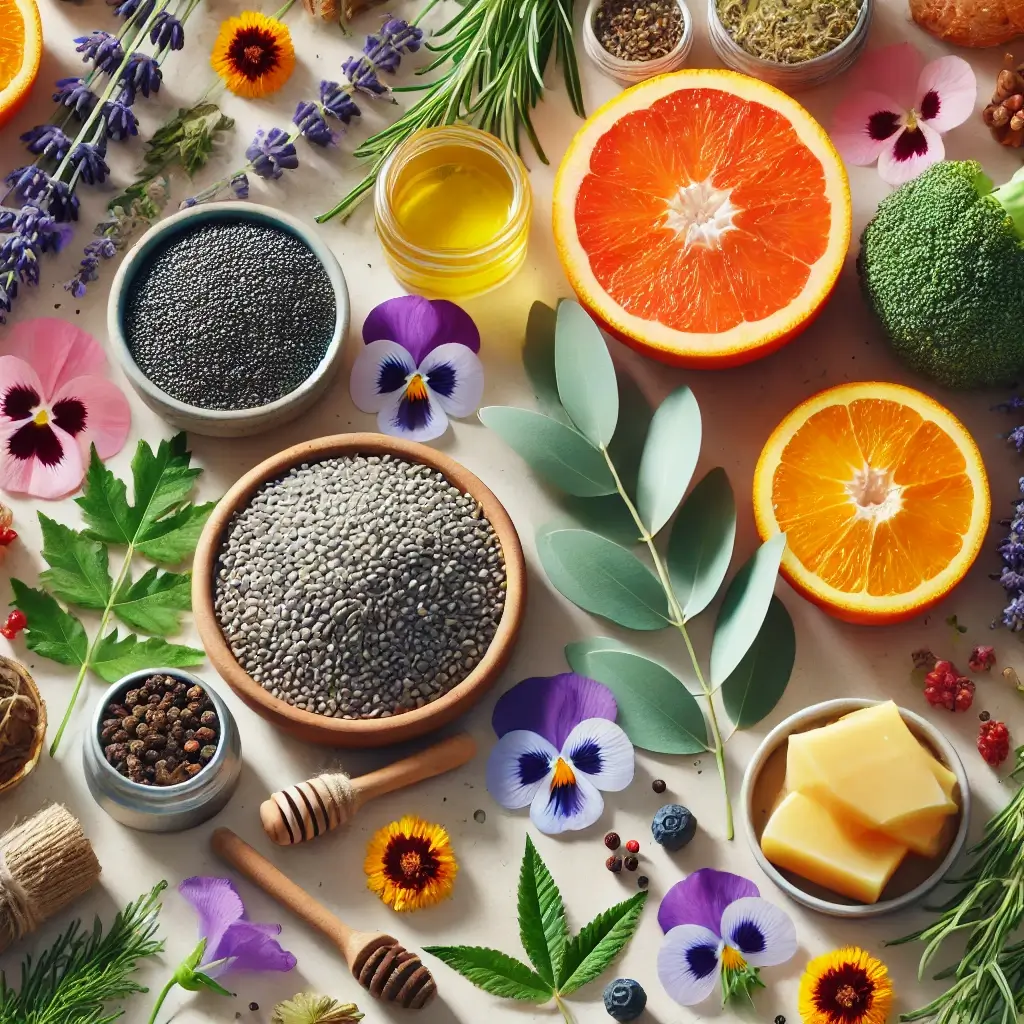 A vibrant display of fresh ingredients used in skincare products. The image features eucalyptus leaves, lavender flowers, poppy seeds, hemp seeds, orange